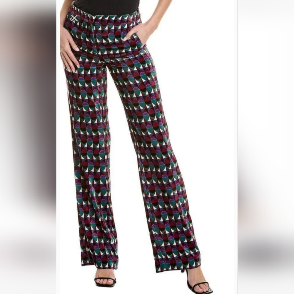 Marella Gancio Velvet Flare Trouser Pants 6 Geometric Artsy High Waist Boho Glam